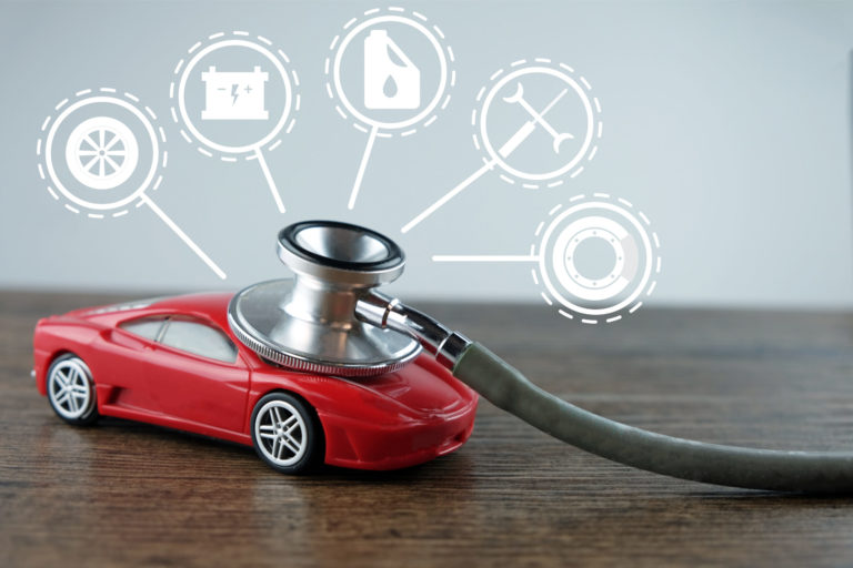 Stethoscope checking up the car with car service icon, Concept of car check-up, repair and maintenance.