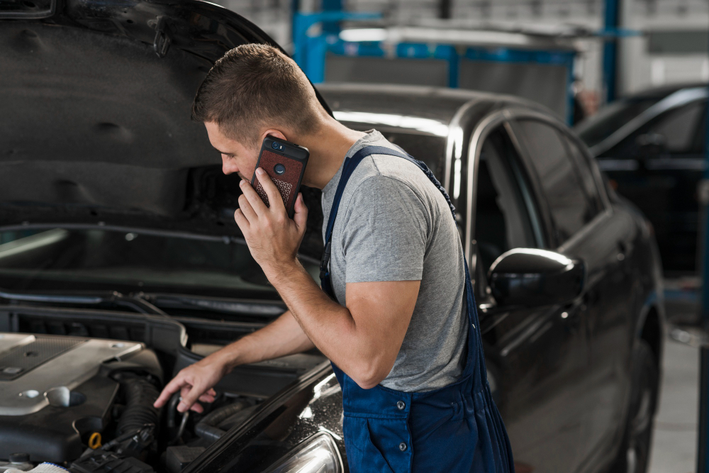 Mecânico verifica o capô aberto de um carro enquanto fala ao celular